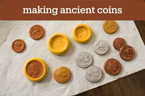 ancient coin craft, Roman, Greek, clay, mold Ancient Greek Crafts, Greek Mythology Crafts, Ancient Greece Crafts, Ancient Rome Projects, Greek Artifacts, Teaching German, Greek Crafts, Coin Crafts, Ancient Jewels