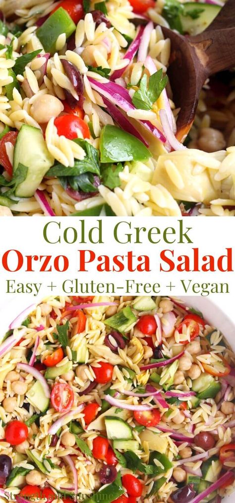 Orzo Pasta Salad (Gluten-Free, Vegan) | Strength and Sunshine | This cold Orzo Pasta Salad recipe is gluten-free, vegan, and allergy-free! This Greek-inspired orzo pasta salad is packed with fresh crisp veggies, kalamata olives, artichokes, chickpeas, and tender orzo, tossed with simple homemade vinaigrette! A healthy Mediterranean side dish that's easy and quick to whip up for potlucks, cookouts, and light meal prep lunches for the week! Gluten Free Orzo Pasta Salad, Christmas Orzo Pasta Salad, Gluten Free Orzo Salad, Orzo Pasta Salad With Cranberries, Cold Orzo Recipes, Fall Orzo Salad Recipes, Gluten Free Cold Salads, Orzo Salad Vegan, Cold Vegan Recipes