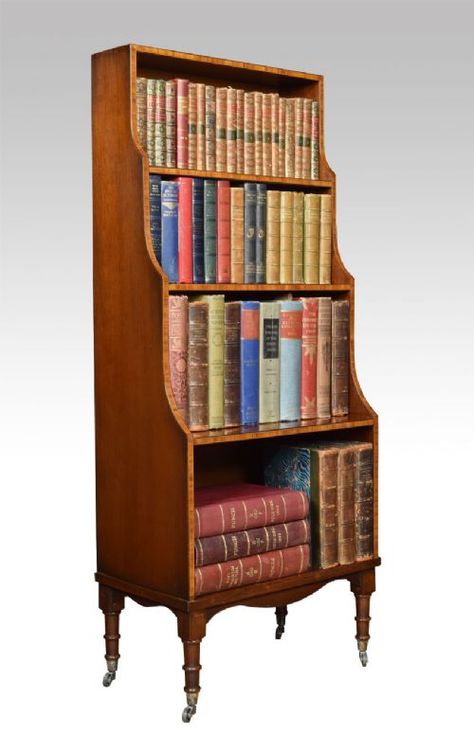 Sheraton Revival mahogany waterfall bookcase Waterfall Bookcase, Antique Bookshelf, Modern Bookcases, Antique Piano, Bookcase With Drawers, Cozy Library, Antique Bookcase, European Decor, Bookcase Styling