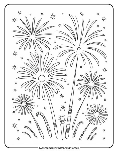 Black and white coloring page featuring festive fireworks, stars, and candy canes, perfect for children's art activities and holiday celebrations. Blue Toddler Activities, 4th Of July Doodles, Fireworks Coloring Pages, July Doodles, Fireworks Crafts, Fireworks For Kids, Fourth Of July Coloring Pages, July Activities For Kids, American Flag Coloring Page