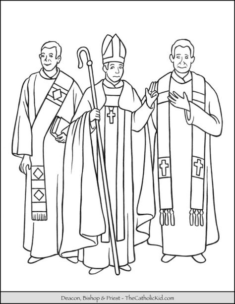 Deacon, Bishop & Priest Coloring Page - TheCatholicKid.com Dresses Coloring Pages, Holy Orders, Religion Activities, Seven Sacraments, Jesus Christ Artwork, Faith Formation, Catholic Priest, Religious Education, Eucharist