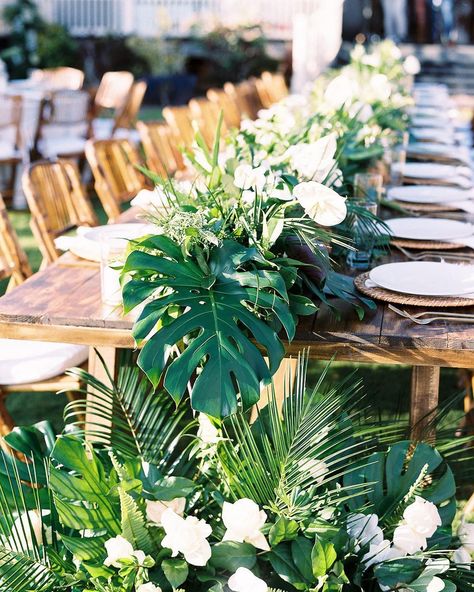 Hawaii wedding • Instagram Greenery On Table, Tropical Table Decor, Beach Wedding Table Settings, Orchid Decor, Tropical Wedding Centerpieces, Tropical Wedding Reception, Tropical Table, Aruba Weddings, Beach Wedding Tables