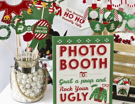 Rock Your Ugly - Christmas Sweater Party Ugly Sweater Photo Booth, Ugly Sweater Party Games, Holiday Photo Booth, Selfie Station, Diy Christmas Party, Christmas Party Decor, Work Holiday Party, Photo Booth Sign, Christmas Photo Props