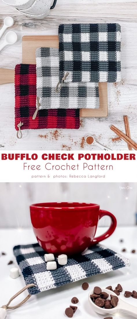 Holiday Potholders Free Crochet Patterns Christmas Potholders, Crochet Potholder Patterns, Plaid Crochet, Crochet Hot Pads, Potholder Patterns, Crochet Potholders, Diy Magazine, Crochet Kitchen, Crochet Dishcloths