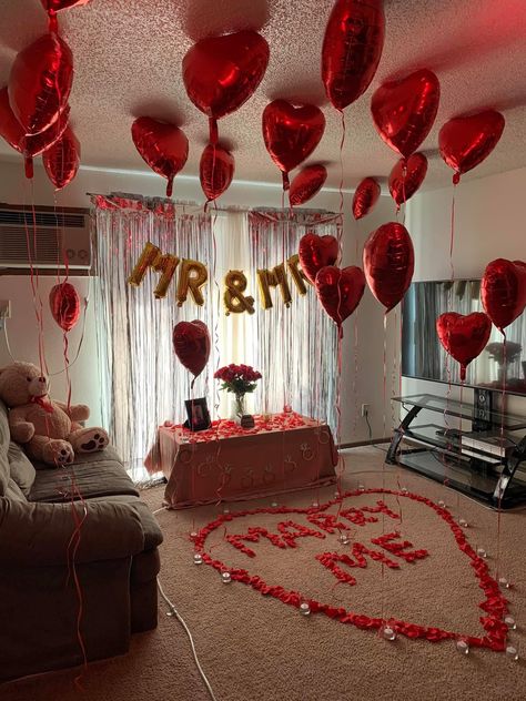 We’re engaged as of February 14, 2020 Husband Birthday Decorations, Romantic Room Surprise, Romantic Bedroom Ideas, Valentines Day Romantic, Romantic Room Decoration, Creative Proposals, Proposal Pictures, Decor Valentines Day, Romantic Date Night Ideas