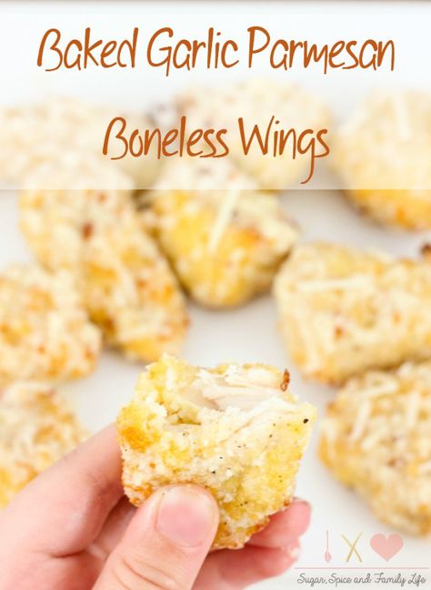 Baked Garlic Parmesan Boneless Wings Recipe - Sugar, Spice and Family Life Homemade Boneless Chicken Wings, Boneless Wings Recipe, Boneless Wing Recipes, Baked Chicken Pieces, Boneless Chicken Wings, Oven Baked Chicken Parmesan, Baked Chicken Nuggets, Garlic Parmesan Sauce, Boneless Wings