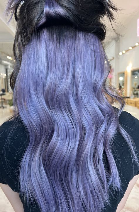 Pastel Purple Peekaboo Hair, Lilac Hair Highlights Brown, Peekaboo Lilac Hair, Periwinkle And Brown Hair, Black And Periwinkle Hair, Periwinkle And Black Hair, Tip Dyed Hair For Brunettes, Underdye Hair Purple, Black And Lilac Hair