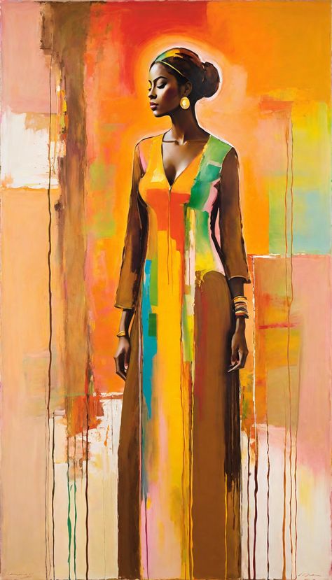 Lonely woman portrayed in the abstract and expressive style of Frank Bowling. The scene unfolds with vibrant and energetic brushstrokes, creating a dynamic composition. The woman is represented as a series of gestural marks and flowing lines, emphasizing movement and emotion. The color palette is rich and varied, incorporating a mix of earthy browns and bold, contrasting hues. The background features abstract elements that add to the overall complexity and visual interest. Stipling Drawings, Nice Things To Draw, Frank Bowling, Abstract Figure Art, Black Canvas Paintings, African Artwork, Dynamic Composition, Afrique Art, African Paintings