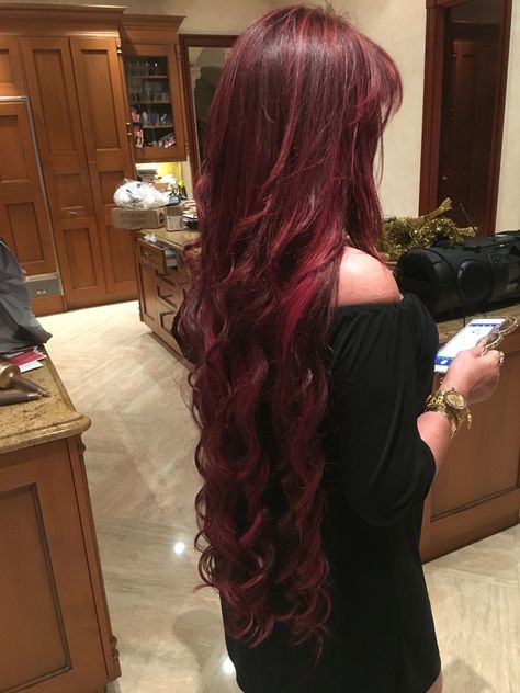 Red hair and hair extensions by Sheyla Denis Dark Red Extensions, Dark Red Hair Extensions, Deep Crimson Hair, Waist Length Red Hair, Red Curled Hair, Cherry Red Wavy Hair, Wavy Red Hair Dyed, Dark Red Wavy Hair, Red Hair Blowout