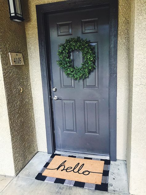 Apartment front door decor. Simple but cute! Wreath and both mats from @HobbyLobby  #farmhousedecor #frontdoor #wreaths #hello #buffalocheck #simpleliving Front Apartment Door Decor, Front Door Decor Ideas Entrance Apartment, Apartment Door Decor Entrance Outside, Apartment Front Door Decor Small Spaces, Apartment Outside Entrance Decor, Apartment Front Door Decor Entrance, Apartment Door Decor Entrance, Front Door Apartment Decor, Apartment Door Mat