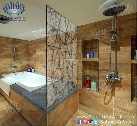 Laminated glass used as a shower partition to add an artistic touch to your bathrooms! Shower Partition, Laminated Glass, Glass Partition, Corner Bathtub, Office Design, Laminate, Bathrooms, Shower, Energy