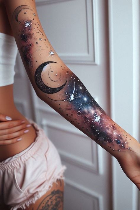 Galactic nymphs with inked wings—because ordinary fairies are so last millennium. Galaxy Tree Tattoo, Night Sky Constellation Tattoo, Colored Leg Sleeve Tattoo Women, Galaxy Hand Tattoos For Women, Black And Gray Galaxy Tattoo, Watercolor Constellation Tattoo, Tattoos That Look Glittery, Small Cosmic Tattoo, Galaxy Tattoo Men