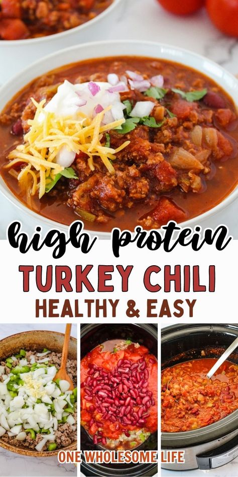 This turkey chili is made with ground turkey, is rich in protein and high in fiber from beans. An easy, healthy recipe for your crockpot. The best recipe for turkey chili. Macro Friendly Turkey Chili, Chilli Recipe Crockpot Turkey, High Protein Crockpot Chili, High Protein Chili Crock Pot, Protein Chili Recipe Crockpot, High Protein Turkey Chili, Ground Turkey Crock Pot Recipes, High Protein Chili Recipes, Healthy Turkey Chili Crockpot