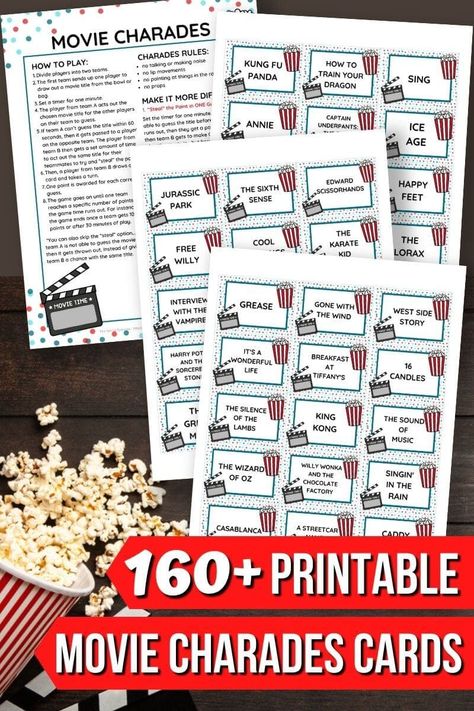 Looking for fun and easy party game ideas to print at home? This printable movies charades game is fun for both kids and adults! The printable charades cards include a good variety of classic movie titles that most adults should know, plus Disney movies and other kids movies - perfect for all ages! Play this fun printable charades game at your next party! Awesome movie charades list with 160 different movie titles! Charades Ideas Movies, Charades List, Movie Charades, Charades For Adults, Charade Movie, Party Game Ideas, Easy Party Games, Charades Cards, Charades Game