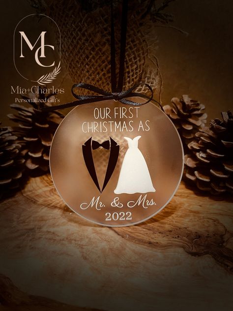 Mr & Mrs Christmas Ornament, Diy Wedding Ornaments First Christmas, First Christmas Ornament Married, Mr And Mrs Christmas Ornament, 1st Christmas Married Ornament, First Christmas As Mr And Mrs Ornament, Wedding Ornament Diy, Diy Wedding Ornaments, Newlywed Ornament