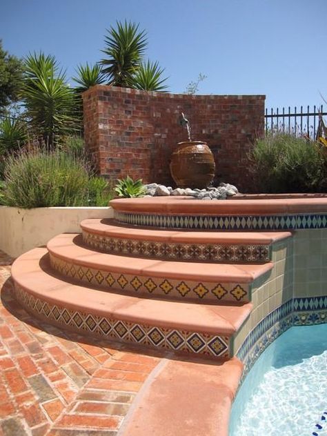 Mexican Tile Pools and Fountains Photo Gallery – Mexican Tile Designs Spanish Tile Design, Spanish Pool, Mediterranean Pool, Custom Tile Design, Tile Design Ideas, Outdoor Tile, Beach Backyard, Spanish Decor, Swimming Pool Tiles