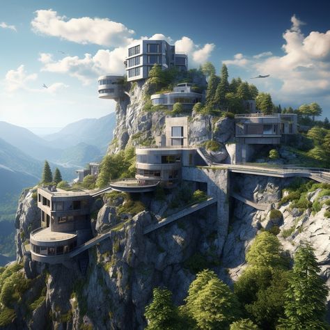 Modern Fortress, Houses In The Mountains, Fortress House, Cliffside House, Holiday Houses, Minecraft Images, Watering Hole, Small Waterfall, Fantasy Homes