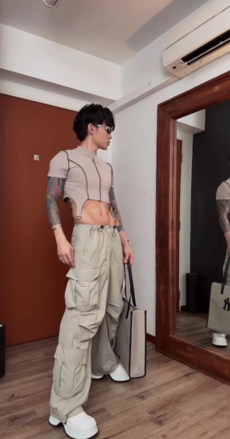 Men’s Mesh Top Outfit, Mens Edm Outfits, Men Crop Top Outfit Aesthetic, Men’s Crop Top Outfit, Tiktok Outfits Men, Crop Top Men Aesthetic, Hot Outfits Men, Fem Guy Outfits, Tight Clothes Outfits Men