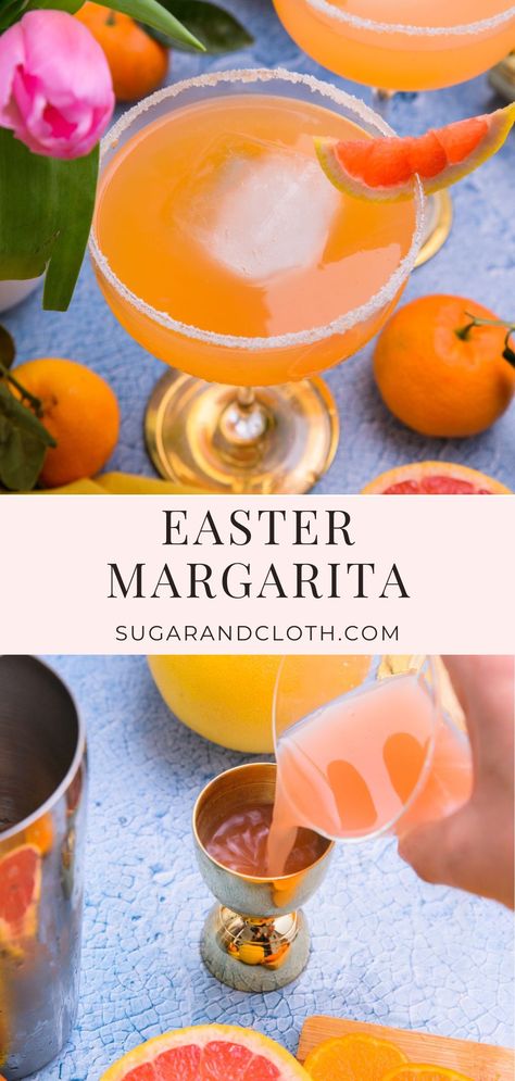 Bright, floral, and filled with citrus grapefruit and tangerine flavors, this Easter Margarita is the ultimate spring drink! Easter Margarita Recipes, Spring Margarita Recipes, Easter Margarita, Easter Cocktails Recipes, Easter Cocktail Recipes, Orange Margarita Recipe, Easter Cocktail, Easter Drink, Easter Cocktails