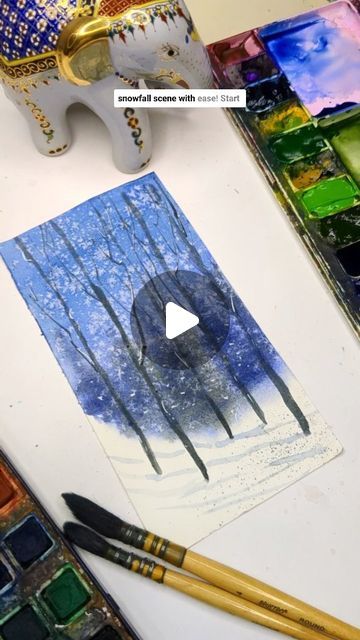 Watercolor Snow Scenes Easy, How To Paint Snow In Watercolor, Watercolour Winter Landscape, Painted Winter Scenes, Christmas Watercolor Painting Ideas, Watercolor Leaves Painting, Winter Watercolor Tutorials, Winter Watercolor Simple, Watercolor Winter Scenes