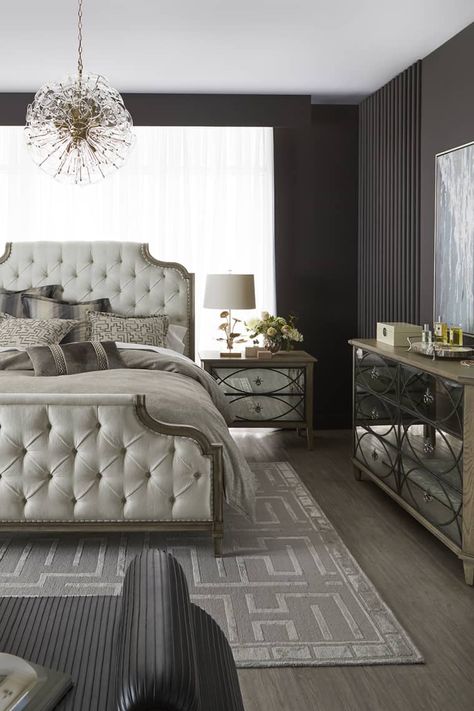 Bernhardt Furniture Bedroom, Tufted King Bed, Mirrored Dresser, Queen Canopy Bed, Glamour Decor, Diamond Tufting, Luxury Bedroom Furniture, Group Matching, King Upholstered Bed