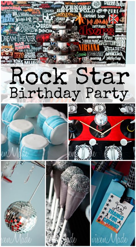 Here are fun rockstar party ideas at this boy birthday! See more party ideas at CatchMyParty.com. #rockstar #boybirthday #partyideas School Of Rock Theme Party, Music Party Ideas Decoration, Rock And Roll Party Food Ideas, Music Party Food Ideas, Rockstar Party Theme, Rock And Roll Party Games, Rock Star Themed Birthday Party, Classic Rock Party, Rock Star Birthday Party Ideas