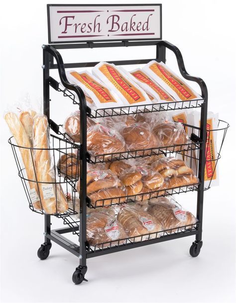 Bakery Display Rack w/ Wheels, 4 Shelves, 2 Side Baskets & Header - Black Food Merchandising, Side Basket, Bread Display, Food Promotion, Wire Shelves, Bakery Display, Bakers Rack, Steel Frame Construction, Grocery Items