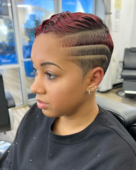 Dark Plum color for a modern pixie style haircut 💈 . . @dreamcutsbarberlounge @smiley_mo_ . . #barber #barberlife #barberlove #natural… | Instagram Shaving Styles For Ladies, Pixie Cut Shaved Sides Black Women, Short Hair Styles Pixie Undercut, One Side Shave Hairstyles For Black Women, Easy Pixie Haircut, Shaved Side Designs Black Women, Colored Pixie Hair Black Women, Black Women Barber Haircut, Ladies Haircut Styles