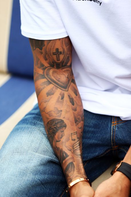 Tattoos on the arm of Lewis Hamilton Man With Tattoos, Tato Flash, Latest Tattoo Design, Forarm Tattoos, Marvel Tattoos, Forearm Sleeve Tattoos, Latest Tattoos, Full Sleeve Tattoos, Arm Sleeve Tattoos