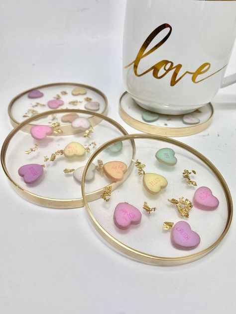 Valentine Resin, Diy Resin Coasters, Valentines Coasters, Abstract Resin Art, Valentines Candy, Valentines Day Decor, Gold Flake, Tutorial Ideas, Resin Coaster