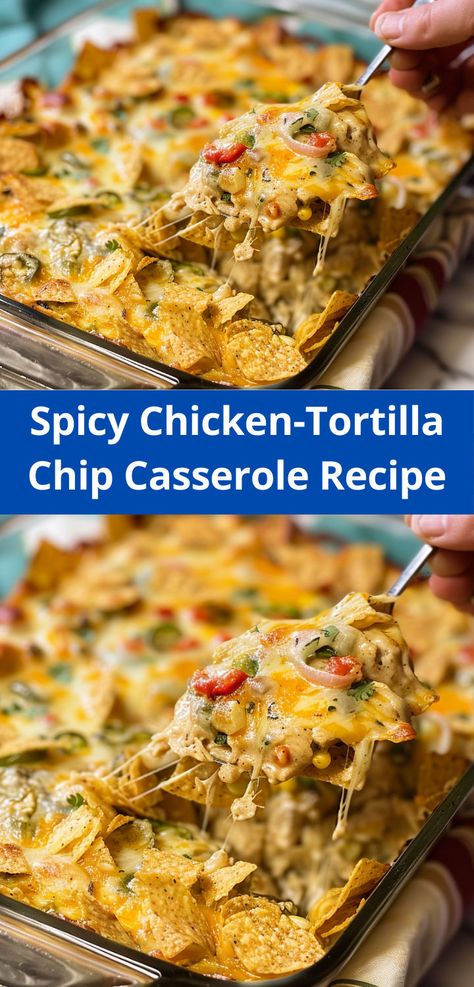 Tasty spicy chicken-tortilla chip casserole. Quick and easy to make! Taco Casserole With Tortillas, Tortilla Casserole Recipes, Chicken Tortilla Bake, Mexican Tortilla Casserole, Chicken Tortilla Casserole, Chicken Taco Casserole, Tortilla Chip Recipe, Mexican Chicken Casserole, Tortilla Chip