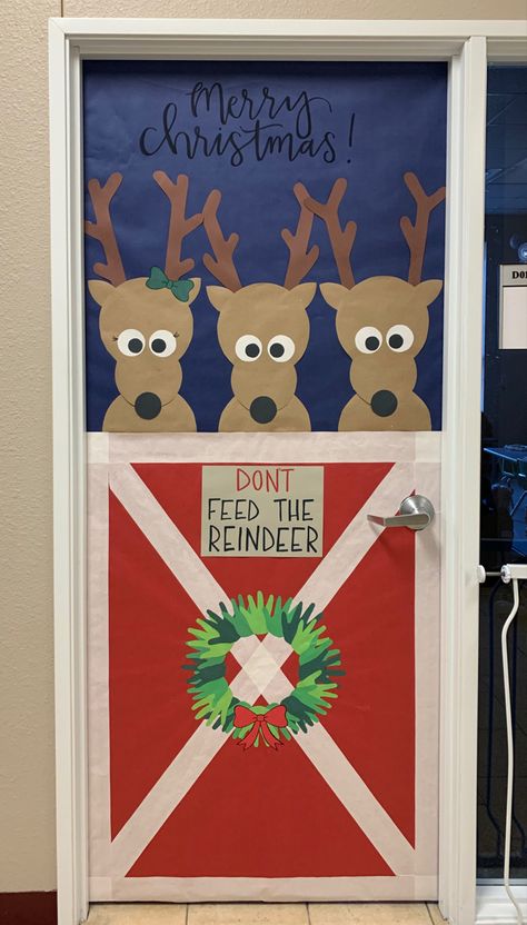 Reindeer Barn Door Decoration, Christmas Door Themes For School, Reindeer Stables Decorations, Reindeer Stable Door Decoration, Reindeer Door Decoration For Classroom, Door Design Christmas, Reindeer Classroom Door, Decorate Door For Christmas, Reindeer Door Decoration