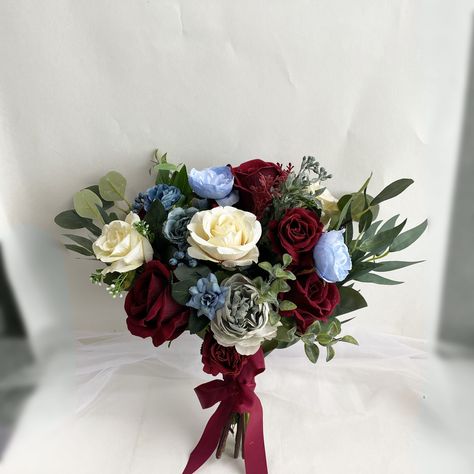 Bridal Bouquet Navy And Burgundy, Red Blue Green Bouquet, Blue Green Burgundy Wedding, Blue And Red Flower Bouquet, Green And Burgundy Wedding, Boho Bouquets, Red Flower Bouquet, Red Bridal Bouquet, Blue Carnations