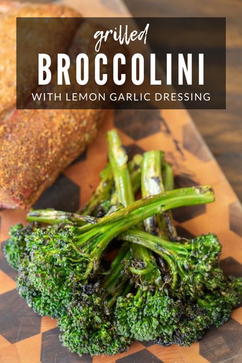 This Grilled Broccolini is lovingly drizzled with a lemon garlic dressing. It's a fresh and fun vegetable when you want something different (and maybe just a tad bit "fancy" or "special"). It's crisp, fresh, and cooks quickly. Bbq Recipes Sides, Lemon Garlic Dressing, Broccolini Recipe, Grilled Broccolini, Hey Grill Hey, Bbq Appetizers, Garlic Dressing, Grilled Lemon, A Couple Cooks