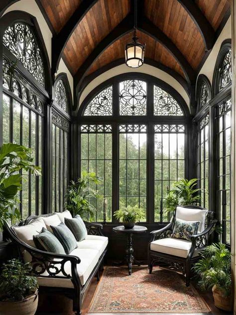 15  Lovely Sunroom Ideas for Reading, Journaling & Relaxing Gothic Sunroom, Reading Sunroom, Sunroom Ideas Plants, Brick Conservatory, Moody Sunroom, Victorian Conservatory Interior, Library Sunroom, Sunroom Library, Cozy Sunroom Ideas