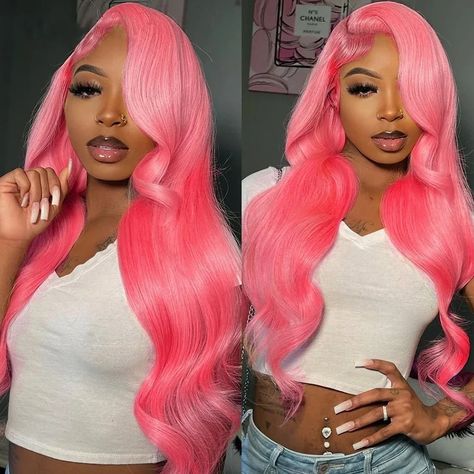 Dare to stand out with the vibrant pink wig from Allove hair! This stunning 13x4 lace frontal wig features beautiful body wave hair, offering a fun and playful look that’s perfect for any occasion. This colored wig provides a natural appearance while allowing you to express your unique style. Whether you're headed to a party or just want to add a pop of color to your everyday look, this pink wig is sure to turn heads and make a bold statement! Pink Wig Human Hair, Pink Body Wave Wig, Straight Hair Highlights, Barbie Hairstyle, Wave Texture, Straight Weave Hairstyles, Thick Base, Barbie Hair, Pink Wig