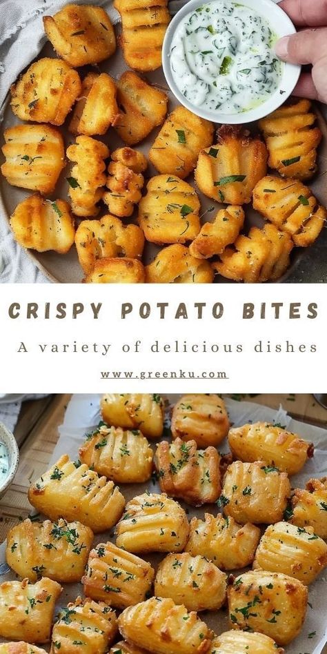 Crispy Potato Bites with Herb Yogurt Sauce Ingredients: Potato Bites 3 potatoes 1 teaspoon paprika Black pepper to taste 100 grams cornstarch (3.5 oz) Fresh parsley, chopped Olive oil for frying Salt to taste Herb Yogurt Sauce: 3 tablespoons Greek yogurt A bunch of fresh dill, chopped 1 tablespoon soy sauce 1 tablespoon mayonnaise #Crispy #PotatoBites Potatoes Ideas Side Dishes, Small Dishes Food, Recipes To Use Up Potatoes, Soy Sauce Veggies, Plain Food Recipes, Nibble Potatoes Recipe, Finger Food Potatoes, Homemade Potato Recipes, Ways To Cook Red Potatoes