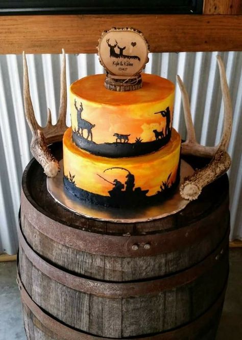 Sunset sunrise fishing and hunting silhoutte groom's cake birthday cake wedding cake Hunting Grooms Cake, Grooms Cake Hunting, Deer Hunting Cake, Romantic Wedding Cakes, Hunting Birthday Cakes, Groomsman Cake, Western Wedding Cakes, Fish Cake Birthday, Wedding Cakes Ideas