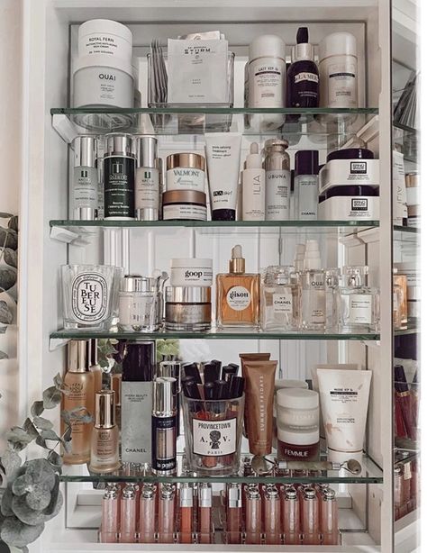 Skincare Vanity Aesthetic, Medicine Cabinet Aesthetic, Medicine Cabinet Organization Bathroom, Skin Care Cabinet, Bathroom Shelfie, Skincare Cabinet, Cabinet Organization Bathroom, Beauty Cabinet, Gothic Bathroom