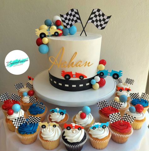 Two Fast Race Car themed cake and cupcakes! Chocolate cake filled with chocolate fudge icing covered in vanilla buttercream. #decadencebysumi #cake #cakedecorating #cakedesign   #trendingcakes2024 #designercakesdurban #noveltycakesdurban #kznbaker #smallbusinessdurban #cakesforallocassions #durbanbaker #supportlocalbusiness #hillcrestbaker #racecarcake #twofastbirthday #twofastcake #cakesforkids #cakesforboys #racecarcupcakes #twofastbirthday #twofastcupcakes #cupcakesforkids #cupcakesfor... Race Car 1st Birthday Cake, Race Car Theme Birthday Cake, Race Car Birthday Cupcakes, Two Fast Cupcakes, Two Fast Birthday Party Boy Cake, Race Car Themed Cupcakes, Diy Racecar Cake, Two Fast Two Curious Birthday Cake, Race Car Cakes For Boys