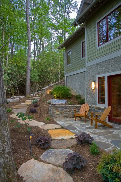 Eclectic Landscape by Living Stone Construction, Inc. Walkout Basement Patio, Stone Patio Designs, Landscaping A Slope, Large Backyard Landscaping, Sloped Yard, Sloped Backyard, Walkout Basement, Large Yard, Large Backyard