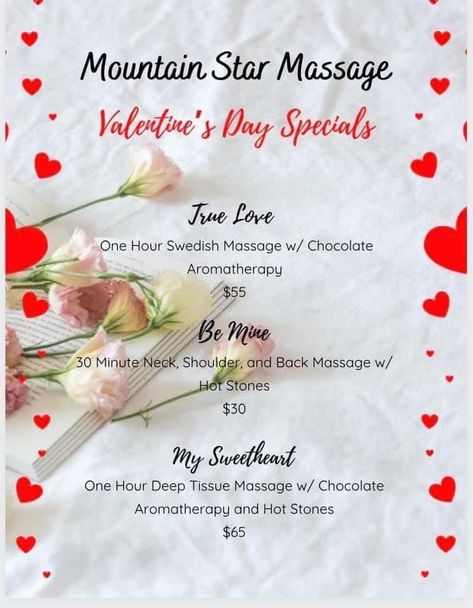 Valentines Massage Specials, Valentine Massage, Valentine Offers, Massage Ideas, Salon Promotions, Massage Marketing, Facial Routine, Esthetician School, Therapy Business