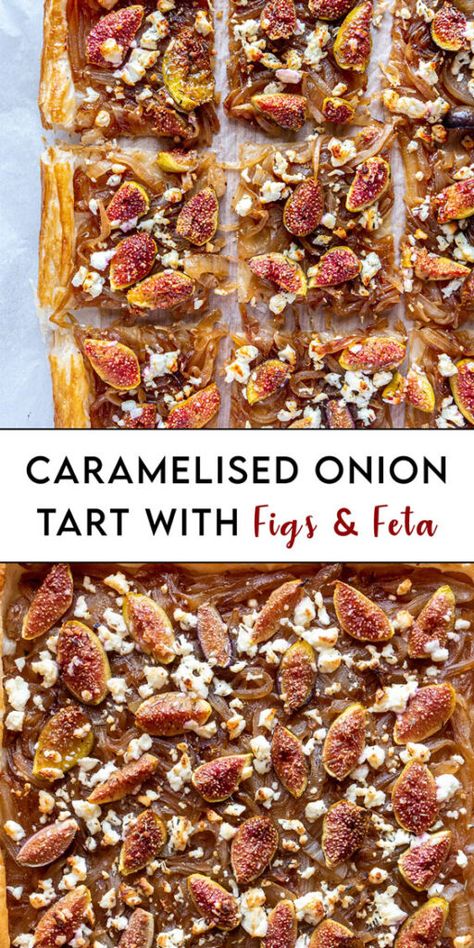 Fig Recipes Savory, Caramelized Onion Tart, Caramelised Onion Tart, Fig Season, Fig Tart, Snacks Vegan, Greek Cheese, Caramelised Onion, Onion Tart