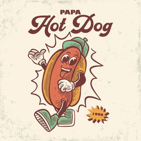 This is my exploration of retro logo illustration design, click to see more details, thank you Retro Hot Dog Illustration, Vintage Hot Dog Illustration, Hot Dog Illustration Design, Cartoon Hot Dog, Retro Dog Illustration, Retro Presentation, Hot Dog Logo, Hot Dog Illustration, Hot Dog Drawing