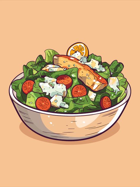 chicken caesar salad vector illustration. clean line and color clip art for menu, poster, web Salad Drawing, Salad Design, Menu Poster, Salad Menu, Chicken Pictures, Chicken Caesar, Chicken Caesar Salad, Food Illustration Art, Universal Language