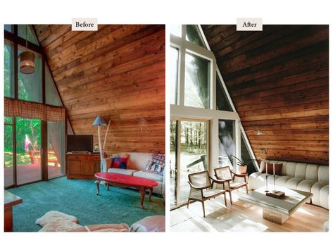 Before/After of Scandi-inspired A-frame home Cabin Renovation, Old Cabins, Bathroom Console, White Couches, Frame House, A Frame Cabin, Tiny Cabin, A Frame House, Modern Cabin