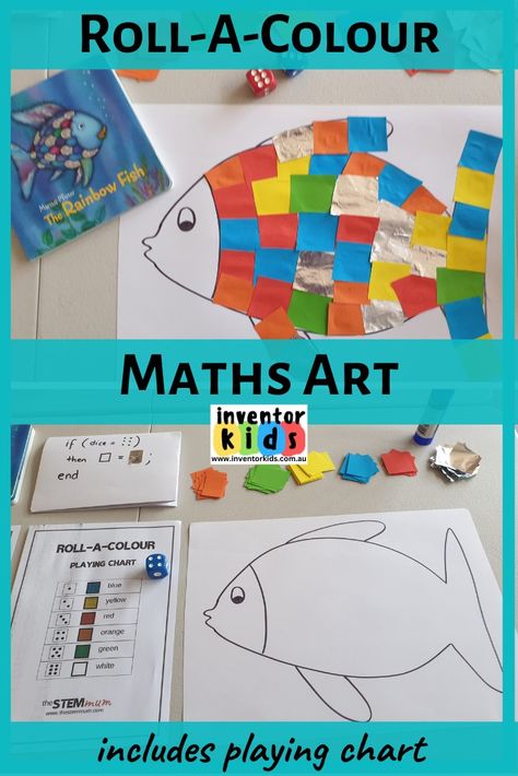 A finished rainbow fish and book with game setup of paper, fish, dice and instructions. Ocean Themed Games, The Rainbow Fish Activities, Fish Activities For Preschool, Rainbow Fish Craft, Rainbow Fish Activities, Maths Art, Rainbow Fish Crafts, The Rainbow Fish, Ocean Theme Preschool