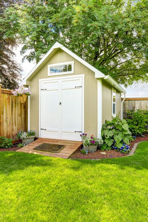 Shed Landscaping, Vinyl Fence Panels, Custom Sheds, Shed Kits, Backyard Sheds, Backyard Shed, Area Lighting, Vinyl Fence, Diy Shed