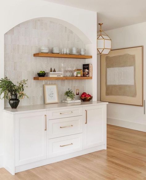 coffee bar • Instagram Arched Pantry, Built In Coffee Bar, Kitchen Floating Shelves, Floating Shelves Kitchen, Home Bar Design, Coffee Bars In Kitchen, Coffee Nook, Home Coffee Bar, Coffee Bar Home