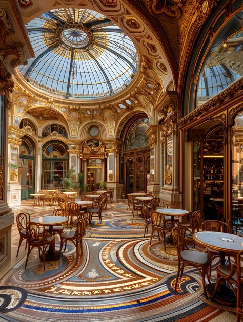 Opulent Parisian cafe interior with ornate carvings, mosaic floors, and a grand dome skylight. Cafe In Paris Interior, Paris France Cafe, Parisian Cafe Interior, Cool Paris Restaurants, Paris Restaurants Interior, Cute Cafe In Paris, French Castle Interior, European Cafes, Dome Skylight